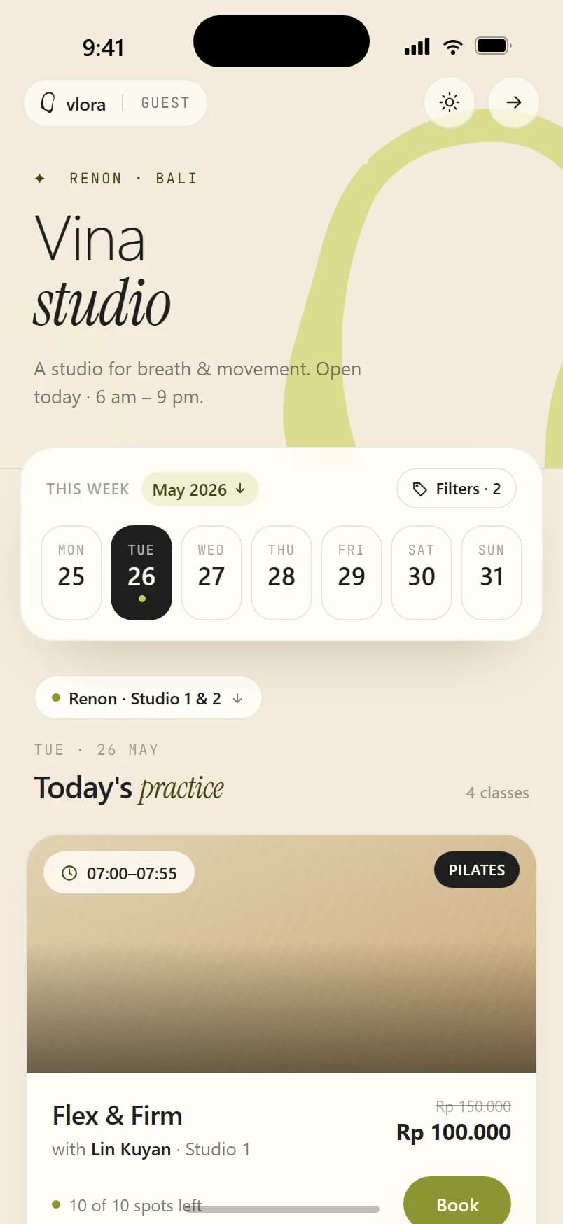 A studio booking page on a client's phone.